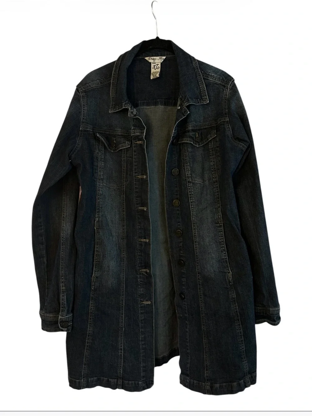 Indigo Rein Longline Denim Duster Jacket Shacket XL Dark Wash Button Front